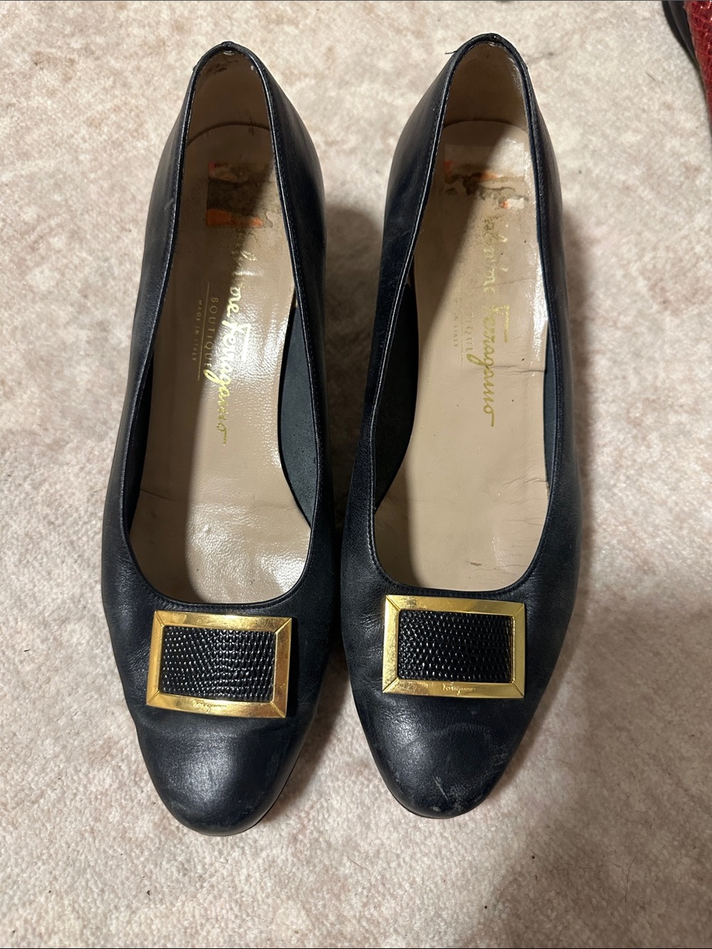Salvatore Ferragamo Black Leather Pumps with Gold Square Buckles